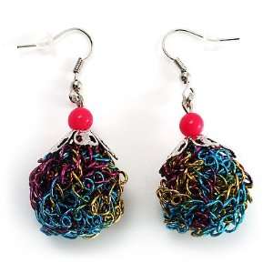  Funky Multicoloured Wire Ball Drop Earrings (Silver Tone 