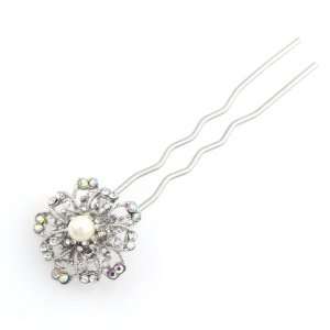  : Czech Rhinestone 2 Prong Floral Hair Stick Fork with Pearl: Beauty