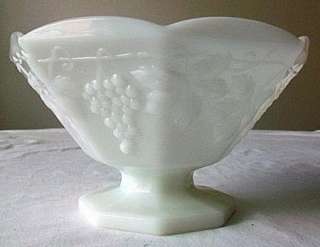 Milk Glass Grape Leaf Panel Pedestal Fruit Compote Bowl  