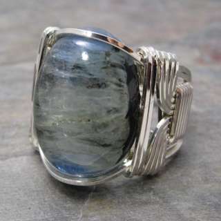 Blue Kyanite Cabochon Sterling Silver Wire Wrapped Ring US size 6.5 