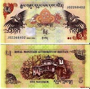 Bhutan 5 Ngultrum Asian Banknote World paper money 2006  