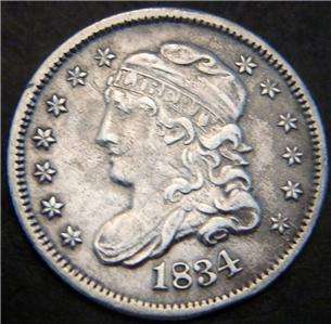 1834 Capped Bust Half Dime   Hair Details Show, Curls Worn   Feather 