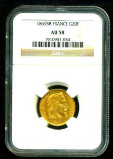 1869 BB FRANCE NAPOLEON GOLD COIN 20 FRANCS NGC CERTIFIED GENUINE 