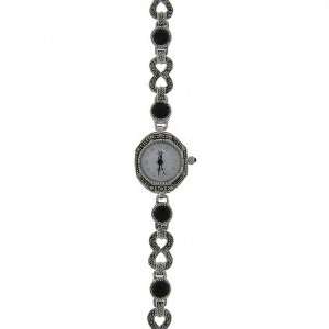   Silver Marcasite Genuine Black Onyx Circle and Bow Watch: Jewelry