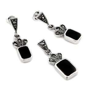  Marcasite and Onyx Elegant Silver Pendant Set Jewelry