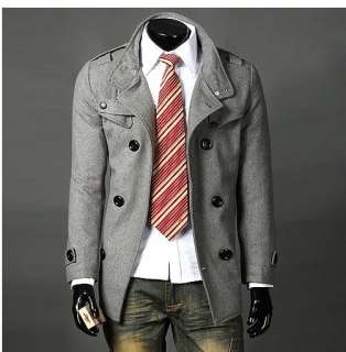 New Men Slim Warm Coat Jacket Stylish Woolen Double Pea Trench Topcoat 