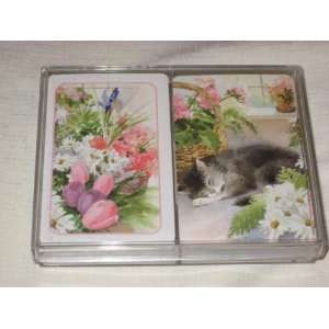 Double Deck Playing Cards   Large Print   Cat & Flowers 
