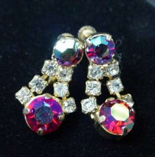 STUNNING Vintage Lavalier Rhinestone Necklace Earrings Red Aurora 