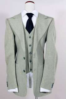 Vintage MOD Olive Green Flannel Wool 3 Piece Suit 34 R  