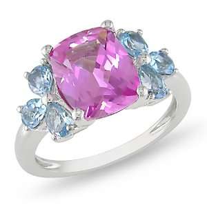   CT TGW Cushion Created Pink Sapphire and Sky Blue Topaz Cocktail Ring