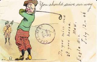 Golf Golfing 1900s art comic green clubs drive our way postcard  