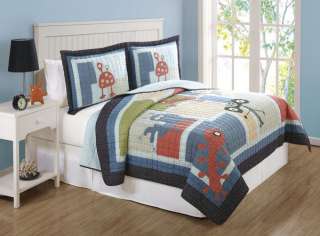 BOYS KIDS WIGGLE WORM BUGS TWIN HAND PIECED EMBROIDERY PATCH QUILT SET 