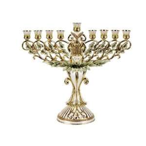 Jeweled Ivory Enamel Hanukiah Hanukkah Menorah with Sapphire Stones