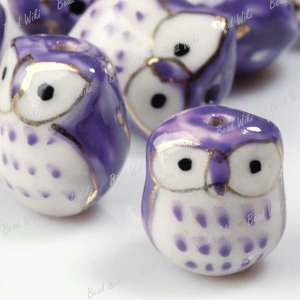 10 Purple Animal Owl Charm Ceramic Porcelain Bead PB012  
