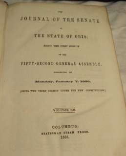 1856 OHIO SENATE JOURNAL BOOK~HISTORY~LEATHER~REPORTS  