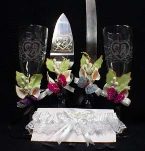 Butterflies Corpse Bride Wedding Cake topper LOT Glasses Knife Server 