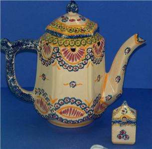 HenRiot Quimper tea pot and honey pot IVOIRE CORBEILLE pattern 