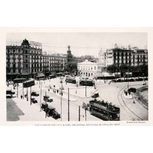   Cityscape Rambla Plaza Cataluna Antique Cars   Original Halftone Print