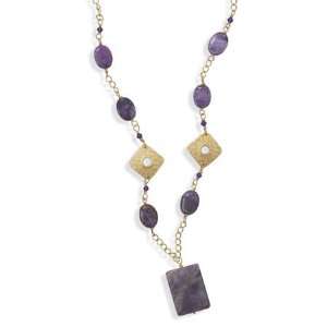 Amethyst, Purple Agate and Crystal Fashion Necklace Gold Plate Diamond 