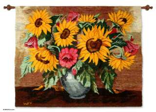 SUNFLOWER VASE Signed Wool Tapestry Peru Art Tapestries, Wall 