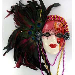    Peacock Feather Wall Art Face Mask Red Painted Lady