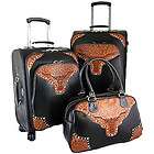 Western longhorn 3 piece luggage set w/ floral embossed trim   black 