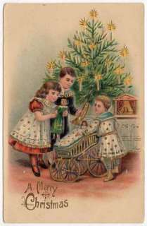Christmas Postcard of Children with Toys Under a Candlelit Tree  