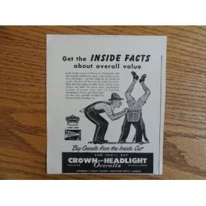 com Crown and Headlight Overalls.1947 Print Ad. (man/boy upside down 