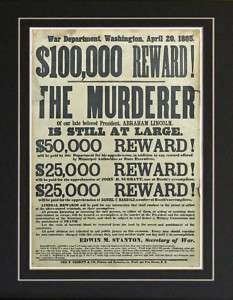 1st Abraham Lincoln Assassination Reward Wanted Poster  