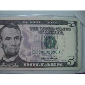 : Chicago IC 00002390 A Series 2006 $5 Single Note Five Uncirculated 
