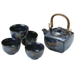 Japanese Dragonfly Tea Pot and Tea Cups Set in Blue   5 Pieces  