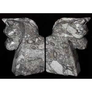  Carved Fossil Marble Horsehead Bookends
