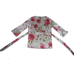  Flower Print Satin Deep V neck Fitted Long Sleeve Top 