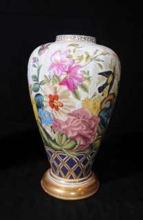 Pair Sevres Porcelain Urns Vases Tropical Floral Spray French  