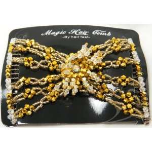   Stretchy Beaded Hair Comb In Gold Beads With Flower 