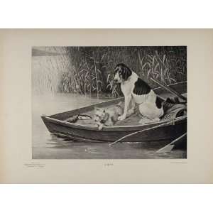 1897 Print Dogs Fish Fishing Boat Pole Blomgren Bros.   Original 