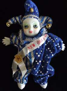Porcelain Baby Clown Doll Gift New Orleans Blue Stripes  