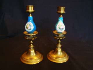 Antique Brass & Porcelain Candlesticks 19th c  
