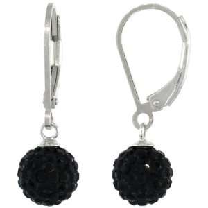 Sterling Silver 8mm Round Black Disco Crystal Ball Lever Back Earrings 