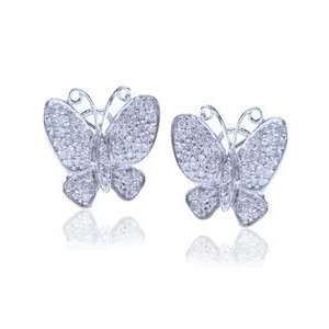    14 K White Gold Pave Butterfly French Back Earrings: Jewelry