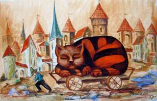   Original Fine Art OIL Russian Modern Pronkin big cat in old town