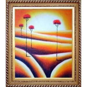 Red Trees in Yellow Light Oil Painting, with Exquisite Dark Gold Wood 