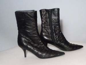PRADA Black Kid leather Ruched Ankle Boots Pointy Toe 36  