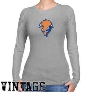 Bucknell Bison Ladies Ash Distressed Logo Vintage Long Sleeve Slim Fit 