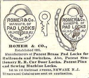   1874 ROMER JAIL PAD LOCK BRASS RAILROAD PADLOCK AD NEWARK NJ  