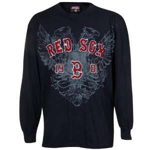  Red Sox Navy Blue Distressed Applique Fashion Long Sleeve T shirt 
