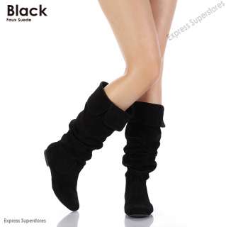 Women Knee High Slouch Flat Faux Suede Black Fashion Dress Boots Size 