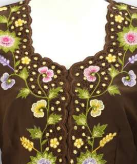 NEW COFFEE BROWN KA SUNDA EMBROIDERED LINED BLOUSE TOP SIZE XL 