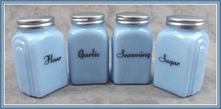   BLUE GLASS 4 PC ARCH SPICE JAR SHAKER SET Flour Garlic Seasoning Sugar