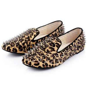 BRAND NEW Spike Studded Rivets Leopard Horse Hair Loafers Flat Shoes 